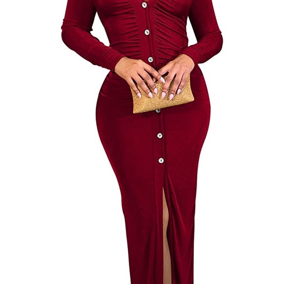 Dresses & Skirts - Velvet Sexy Long Sleeve Ruched Button Down Bodycon Midi Dress